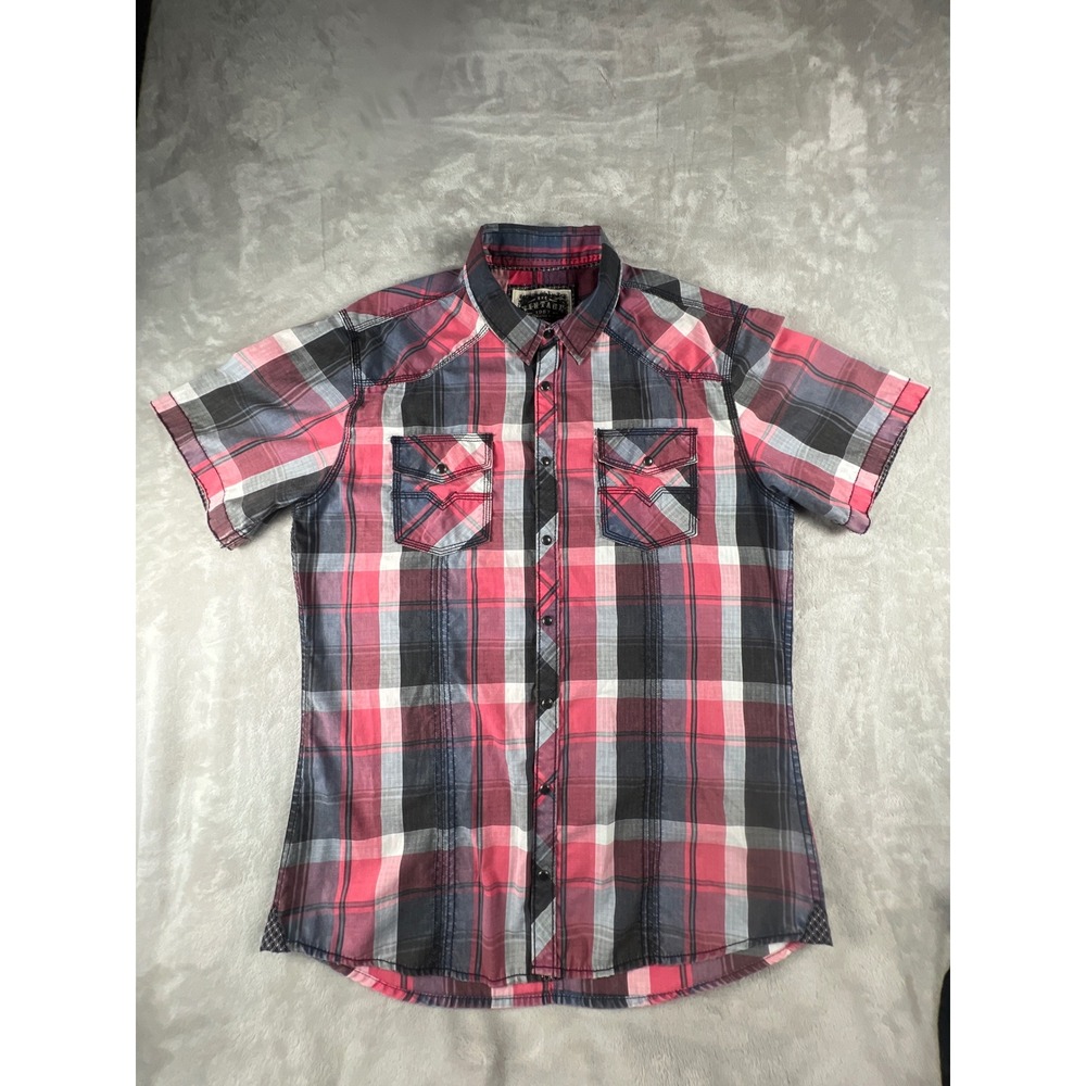 BKE Vintage Mens Athletic Fit Plaid Western Short Sleeve Snap Shirt Red Large